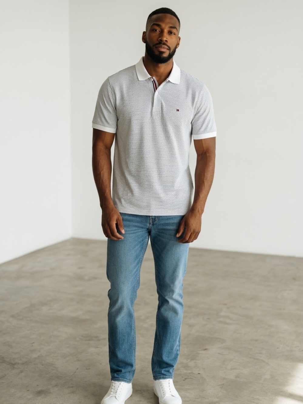 Tommy Hilfiger White Polo with Tiny Navy Dot Pattern